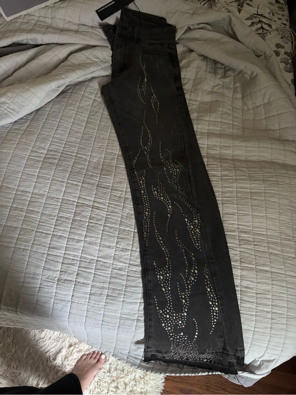 Men's Black Skinny Jeans with Studded Flame Detailing